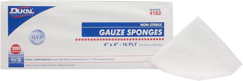 Dukal Woven Gauze Pads 4" x 4". Pack of 200 Сotton Sponges 16-ply. Non-Sterile; 100% Cotton Gauze Dressing Pads for Wound Dressing; Cleaning; Preppin