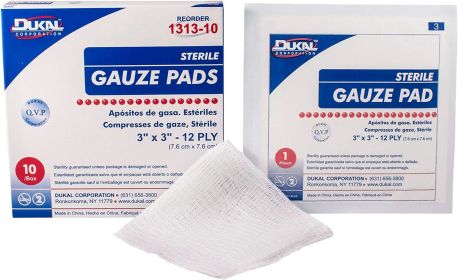 Dukal Woven Gauze Pads 3" x 3". Pack of 10 Сotton Sponges 12-ply. Sterile; 100% Cotton Gauze Dressing Pads for Wound Dressing; Cleaning; Prepping or