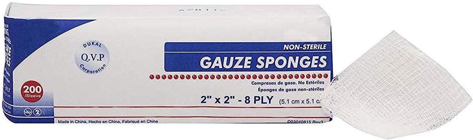 Dukal Gauze Sponges 2" x 2". Pack of 200 8-ply Gauze Dressings for Wound Cleaning; prepping; debriding; Packing. Non-sterile; 100% Cotton; Latex-Free