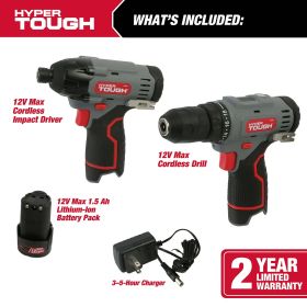 Hyper Tough 12V Max* Cordless 2-Tool Drill and Impact Driver Combo Kit, 98936